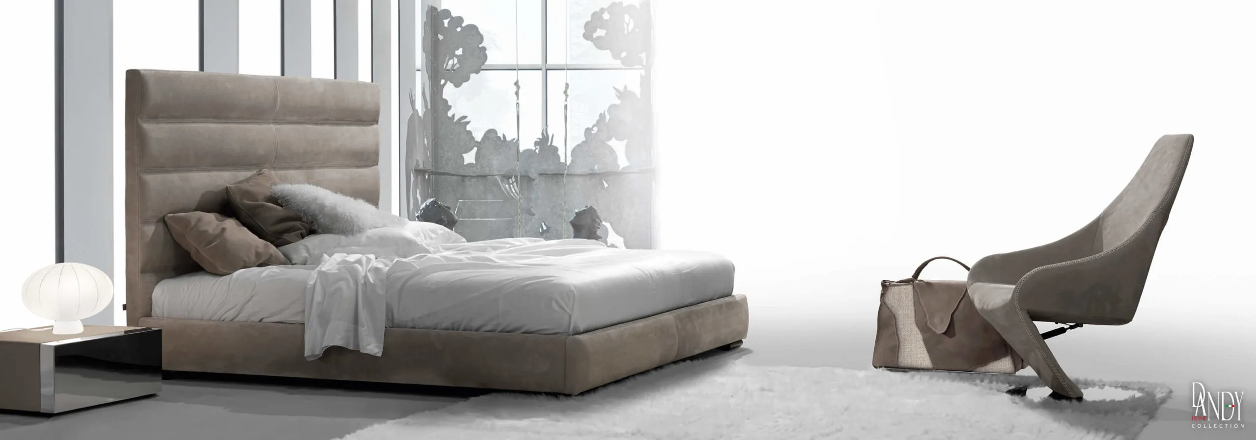 light gray leather horizontal panel bed staged