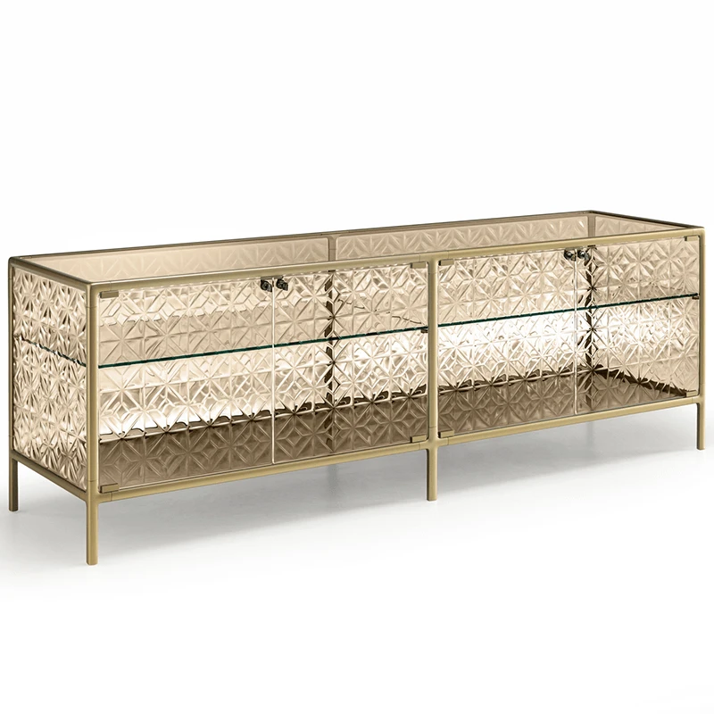 Fiam Italia's Echo buffet champagne trim and glass dining buffet product shot