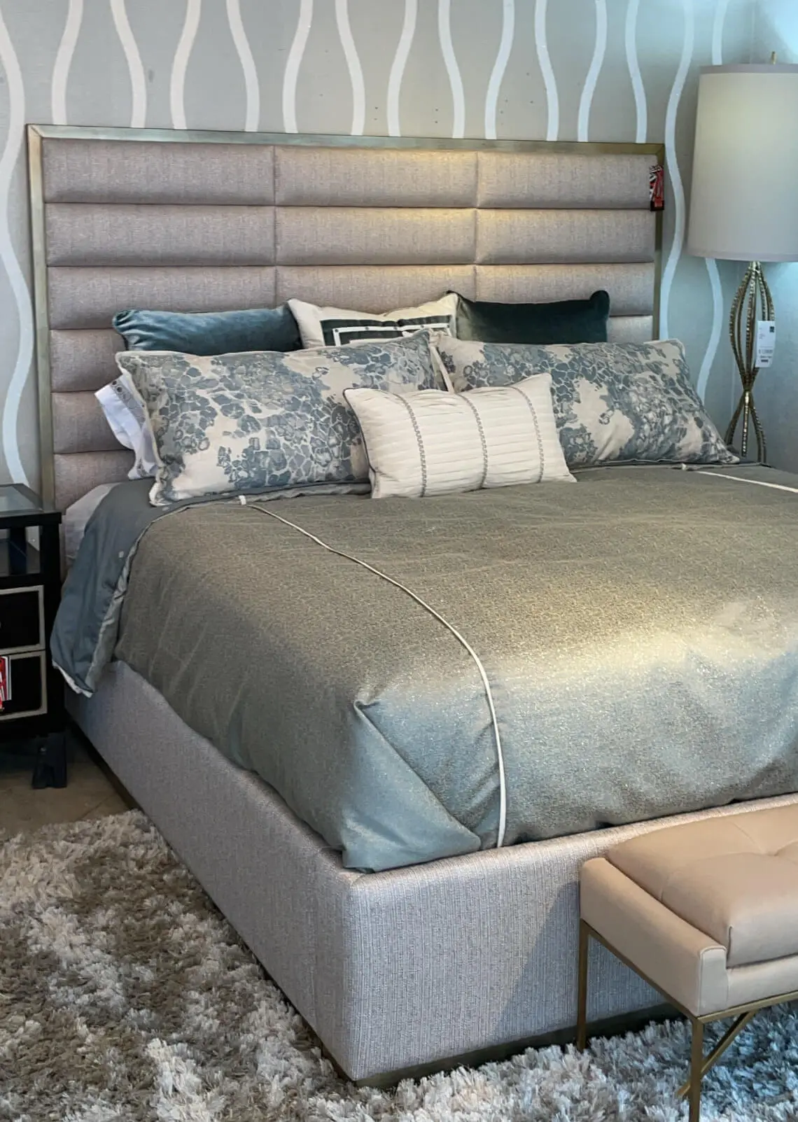 contemporary palo alto panel bed in a light fabric with gold wood finish trim product image