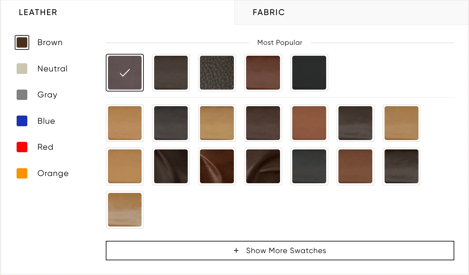 Screenshot 2023-08-18 at 4.44.57 PM Leather and fabric color swatch option examples for custom Montera sofa by American Leather. Available for order at Niu Urban Living in McAllen, TX.
