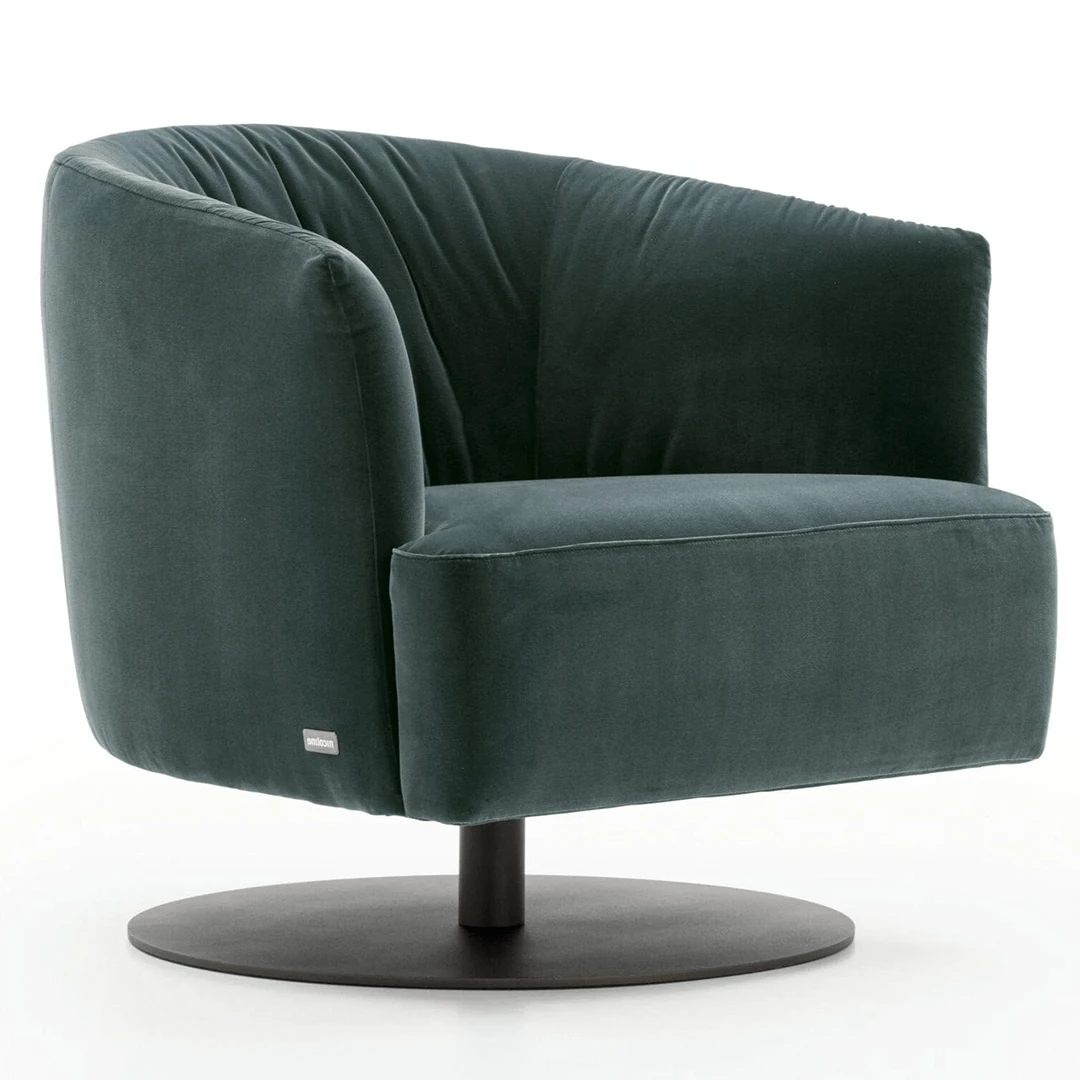 dark teal snug looking circular swivel arm chair on round black base
