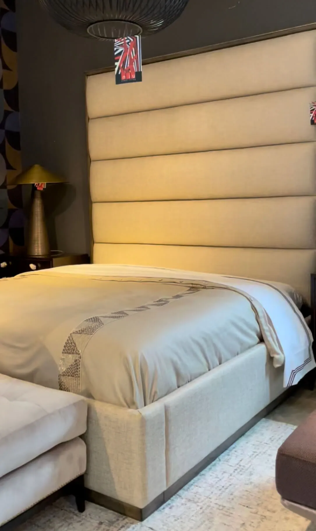 beige king size custom panel bed product image with wood trim and extra height panel