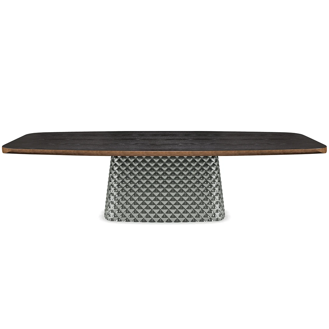 Cattelan Italia's Atrium Masterwood dining table burned oak wooden carved top and metal quilted base