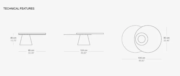 round two top coffee table technical sheet with measurements