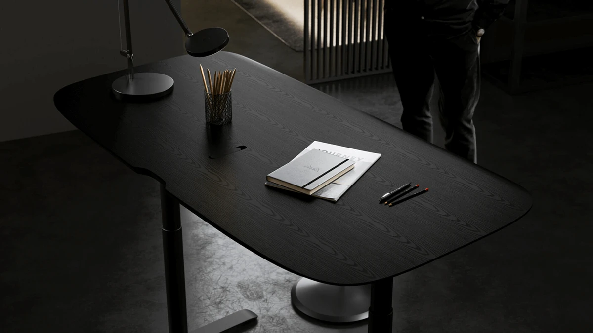 staged black desk product photo