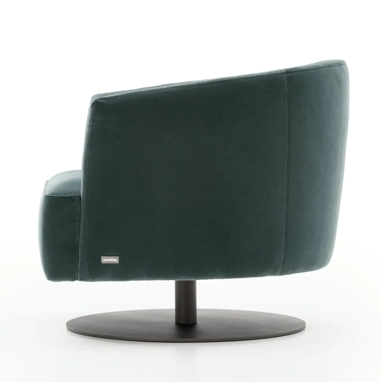 dark teal snug looking circular swivel arm chair on round black base