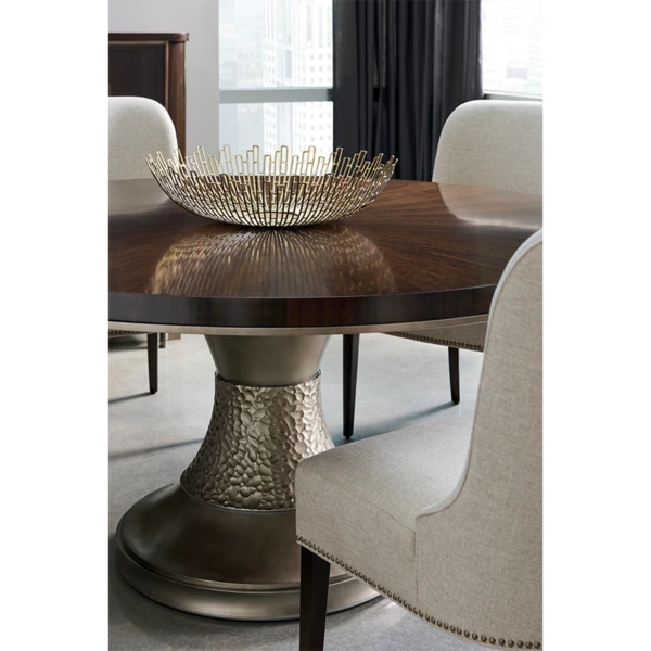 Moderne dining table close up detail shot showing finishes of materials by Caracole