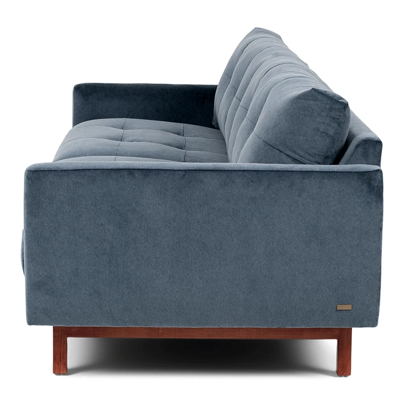 blue two seat sofa product shot with wooden leg