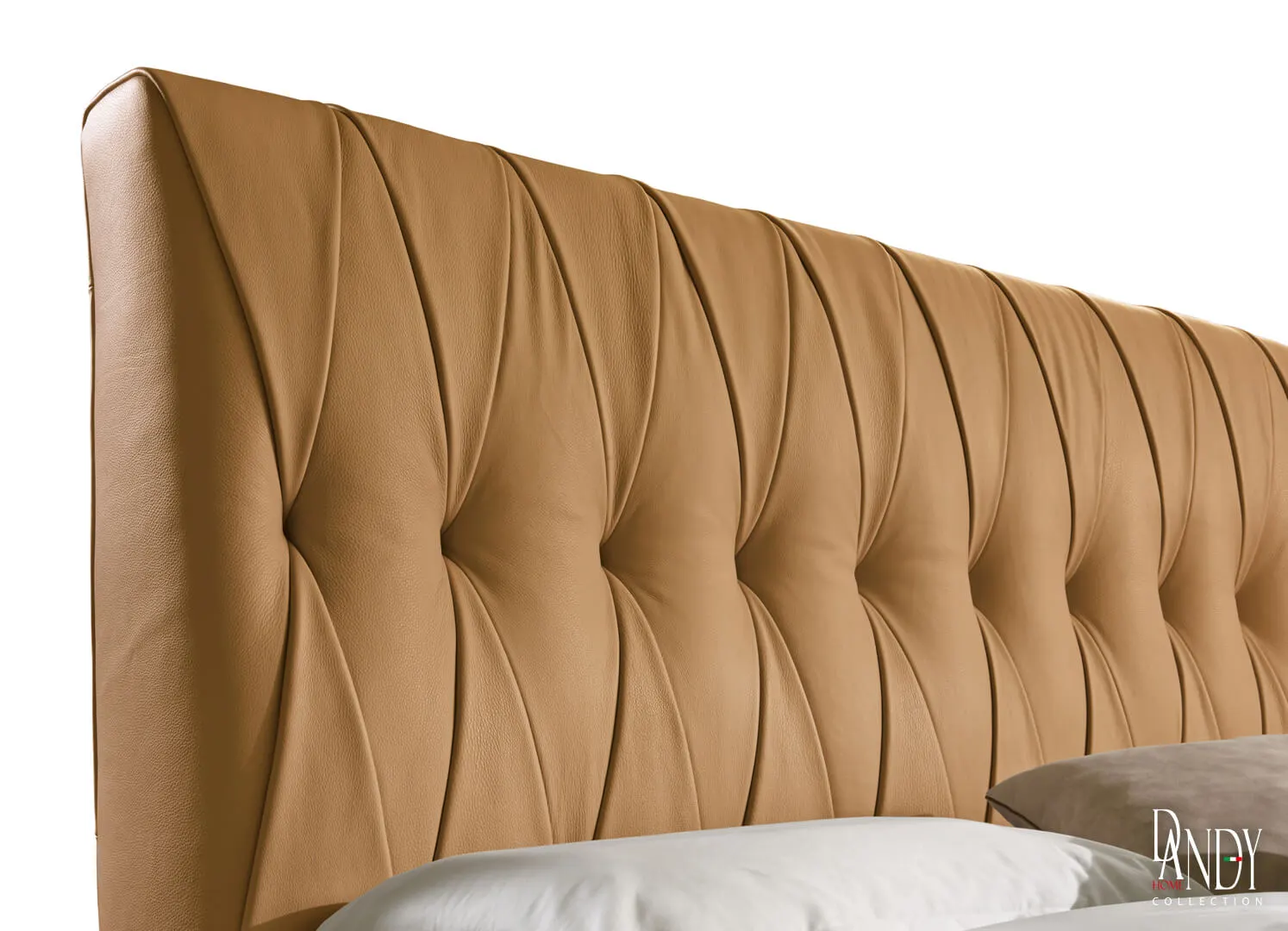 closeup of rust marlon leather bed with cross tufting in a contemporary room setting