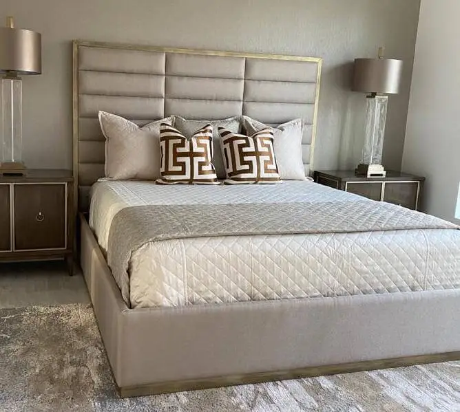 contemporary palo alto panel bed in a light fabric with gold wood finish trim product image