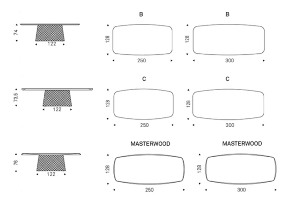 Dining table measurements in centimeters.