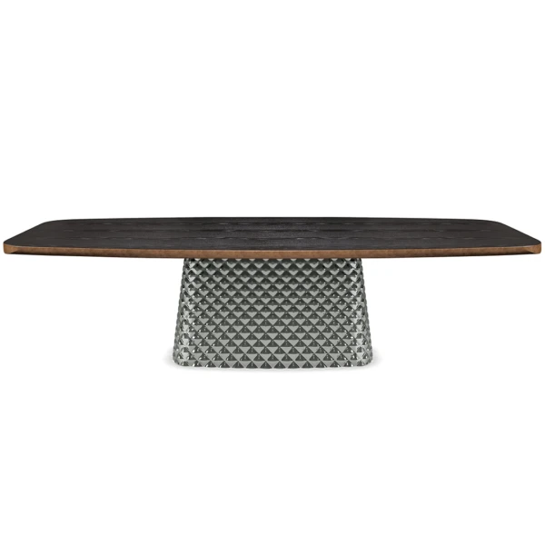 Cattelan Italia's Atrium Masterwood dining table burned oak wooden carved top and metal quilted base