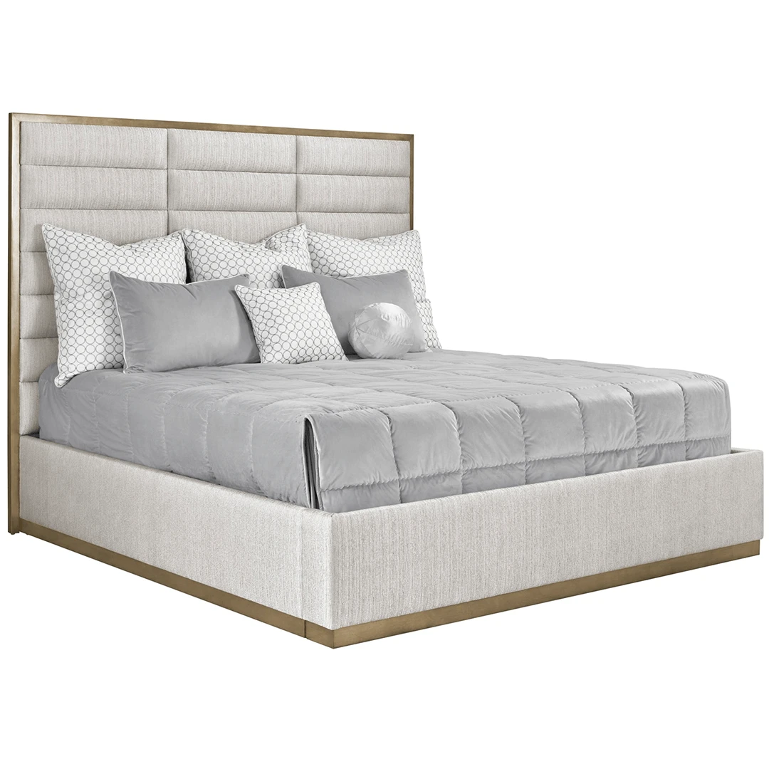 contemporary panel bed in a light fabric with latte wood finish trim product image