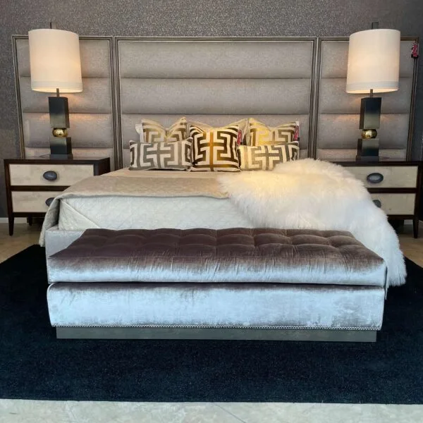 palo alto bed by marge carson with side panels in a light fabric and light wood trim