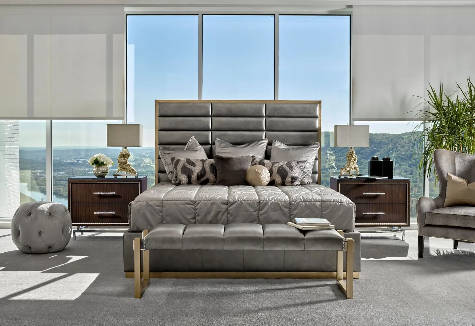 contemporary panel bed in a gray metallic material with gold wood finish trim product image