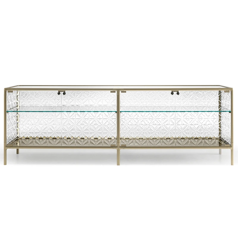 Fiam Italia's Echo buffet with champagne trim and glass dining buffet product shot