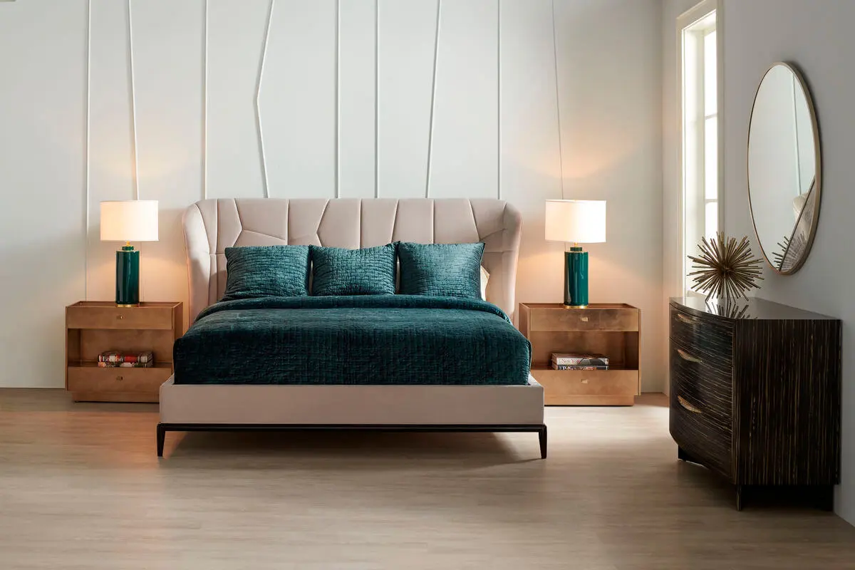 front view of king cream contemporary bed with dark teal bedding