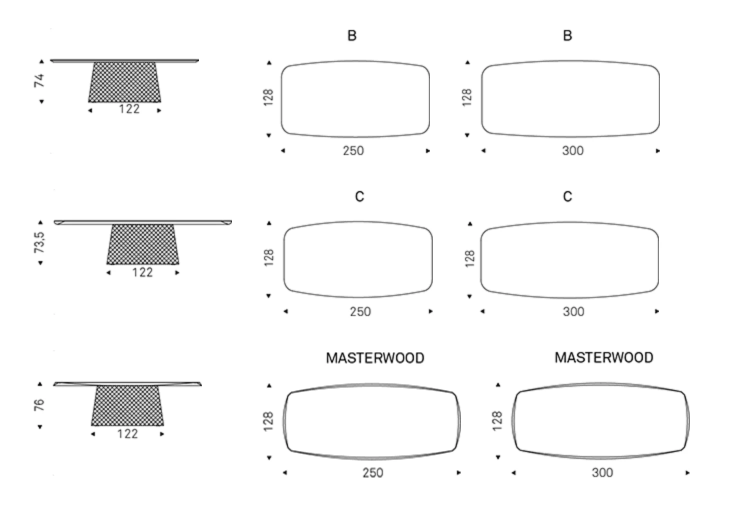 Dining table measurements in centimeters.