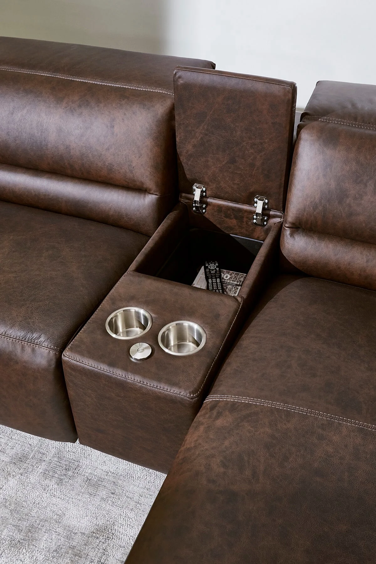 closeup of middle console with storage compartment opened