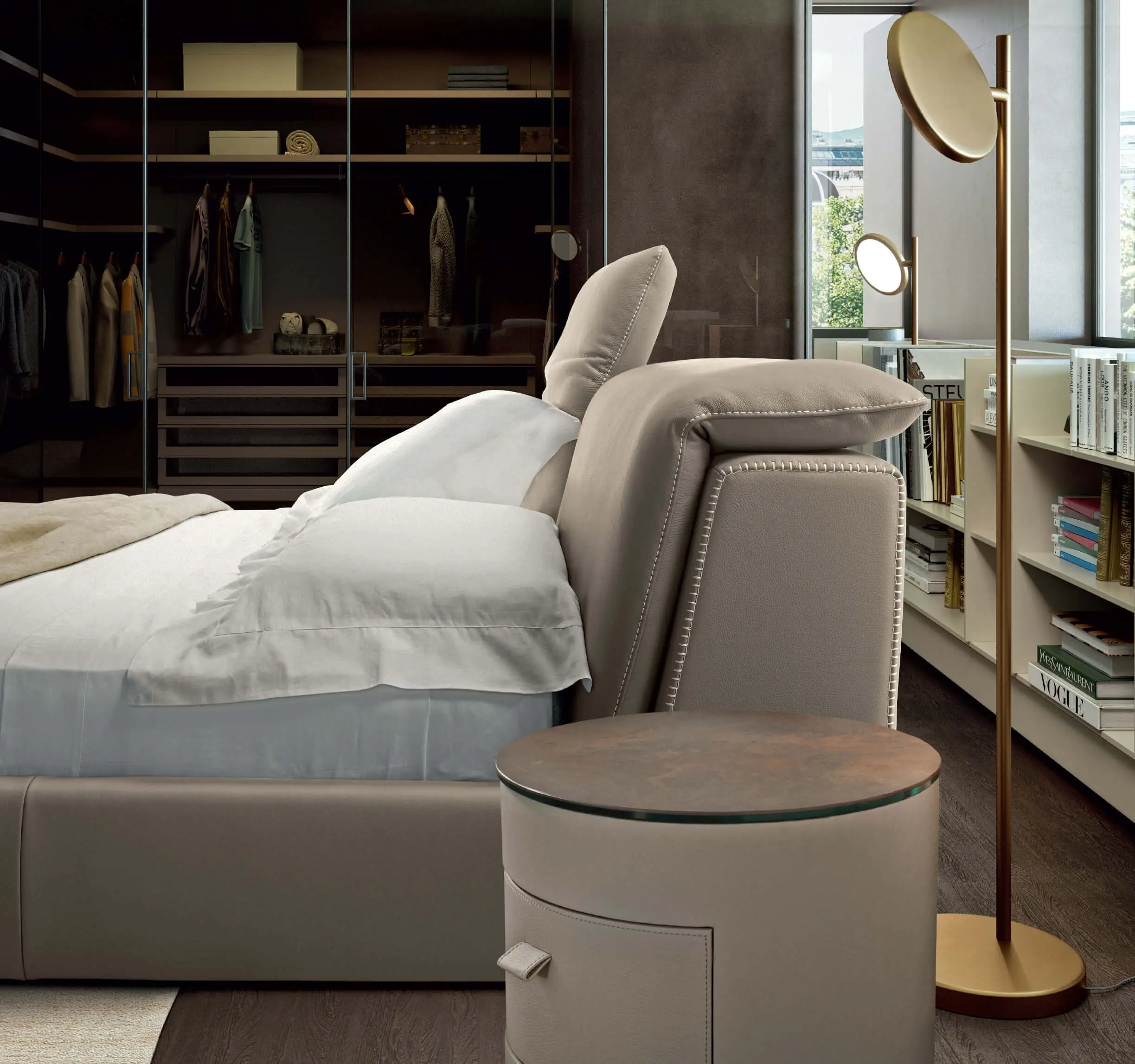 close up bed shot side angel taupe leather bed by Gamma