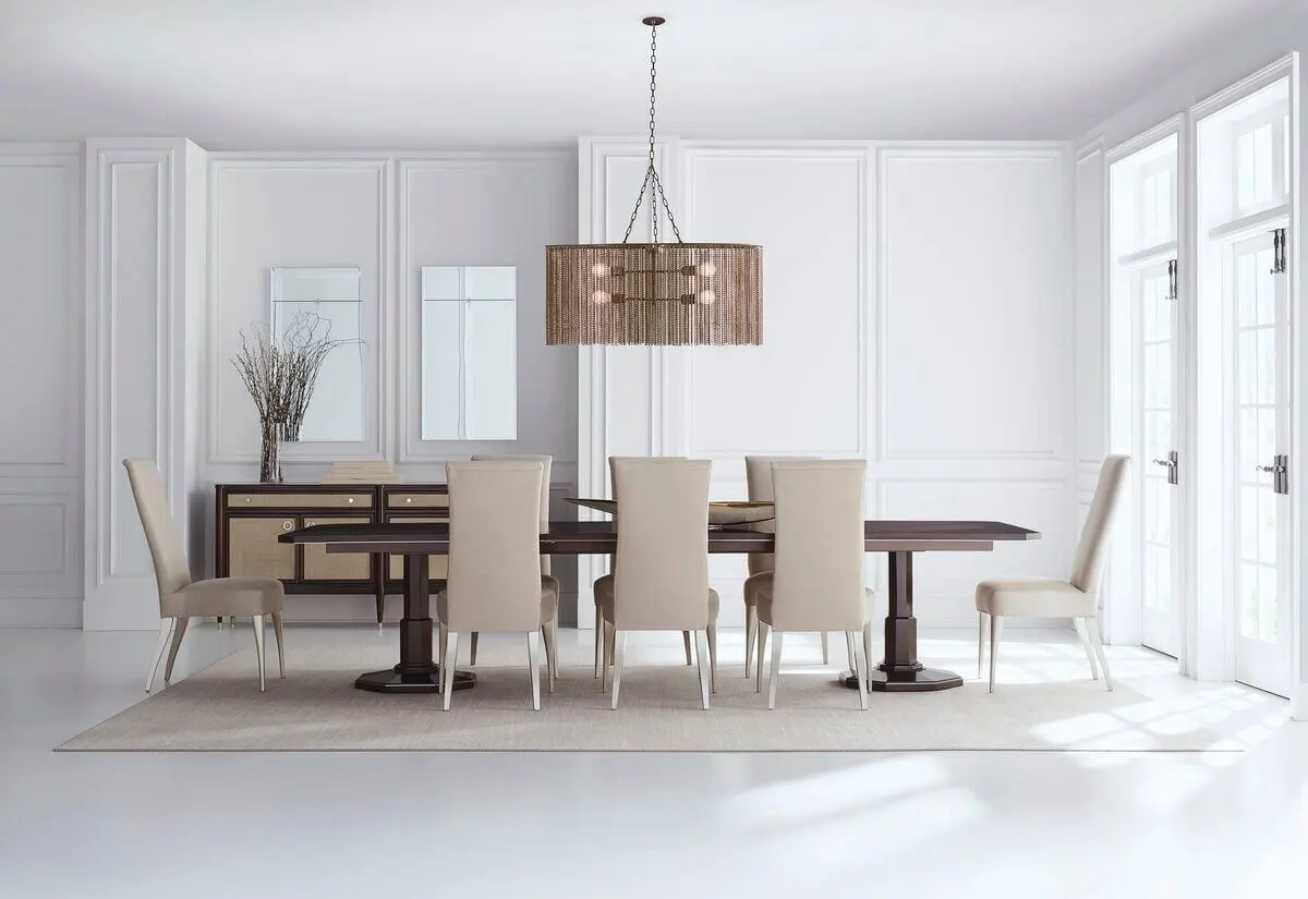 upholstered tight back pearl fabric side chairs around dining dark wood rectangular table set