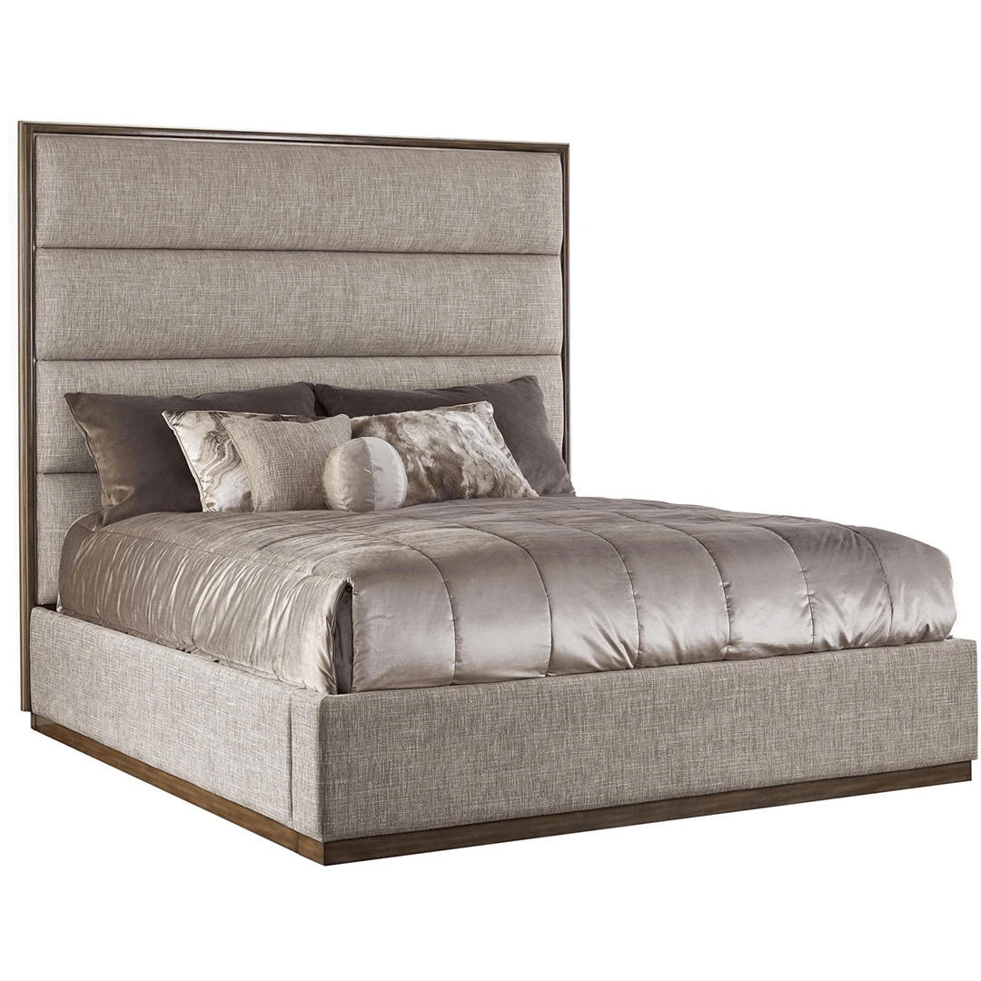 taupe king size custom panel bed product image with dark wood trim and extra height panel