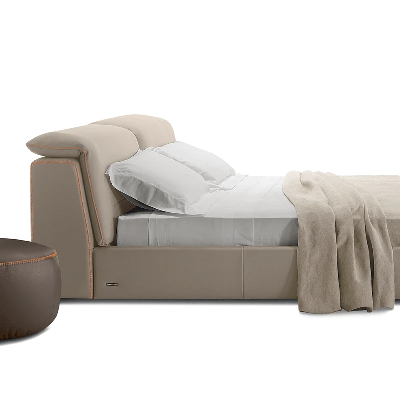 Sound Night bed in taupe bed side view with contrast orange stitching by Gamma