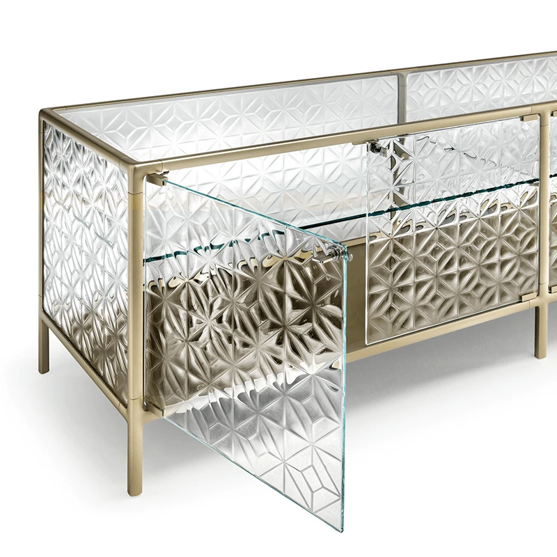 Fiam Italia's Echo buffet champagne trim and glass dining buffet product shot closeup with open door