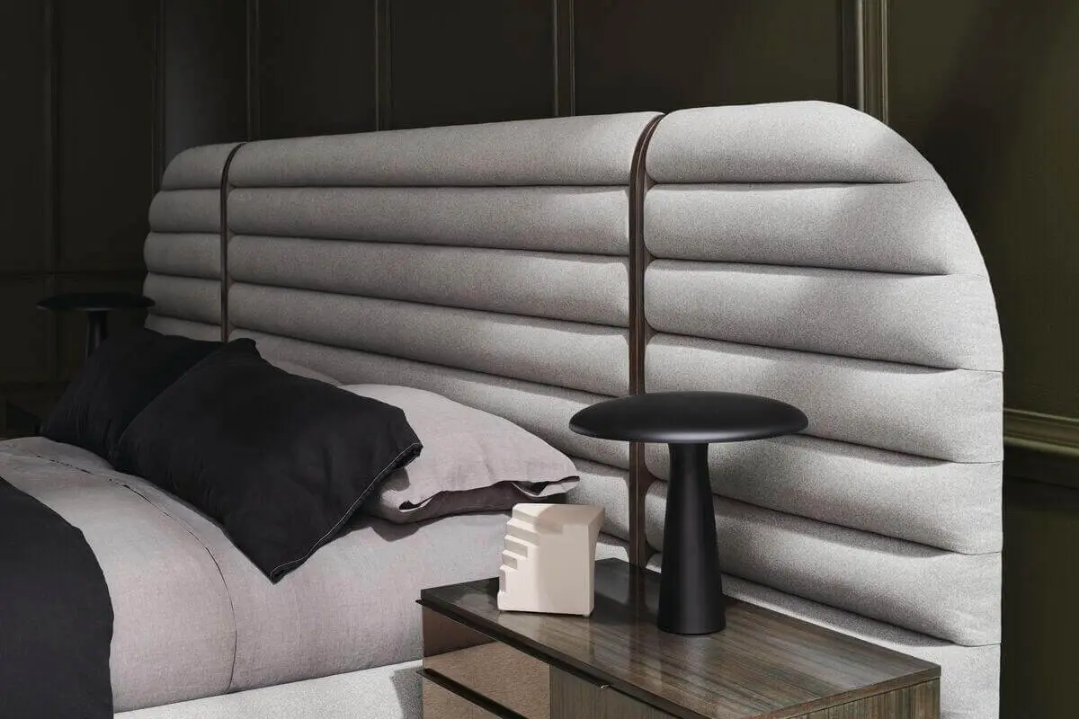 gray smokey modern bed with horizontal panels and extension rounded off panel headboard