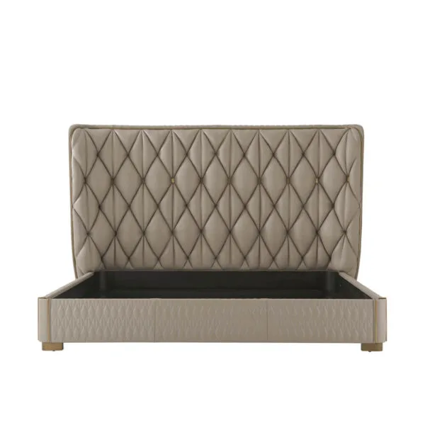 Quilted taupe leather king bed.