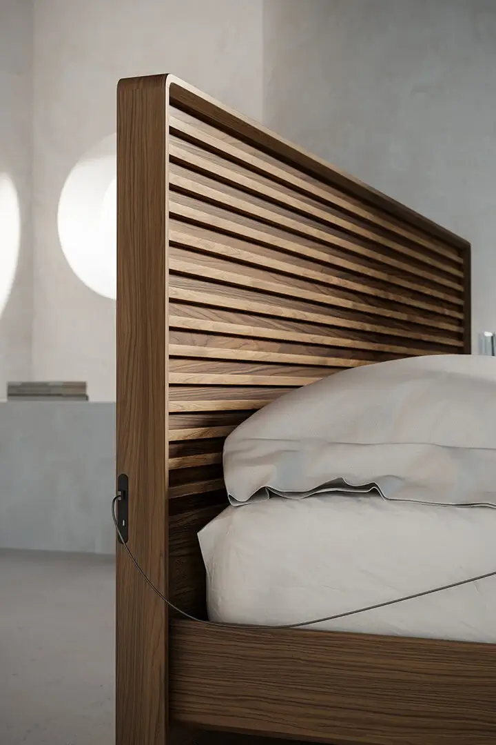 Close-up on modern walnut headboard cross paneling.