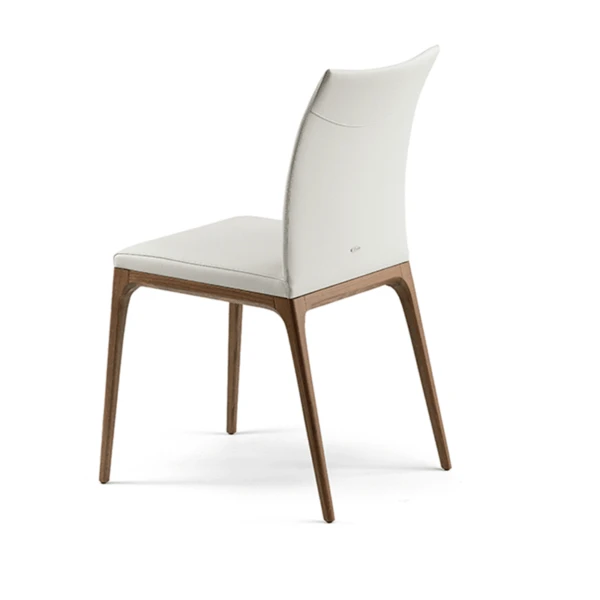 white leather dining chair with wooden leg product image rear shot