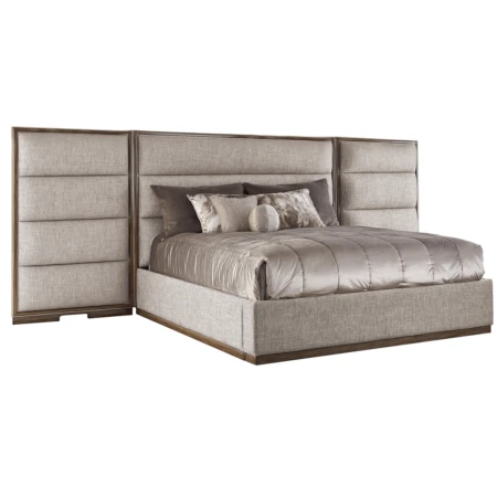 paneled wing bed in a taupe fabric with dark wood trimming