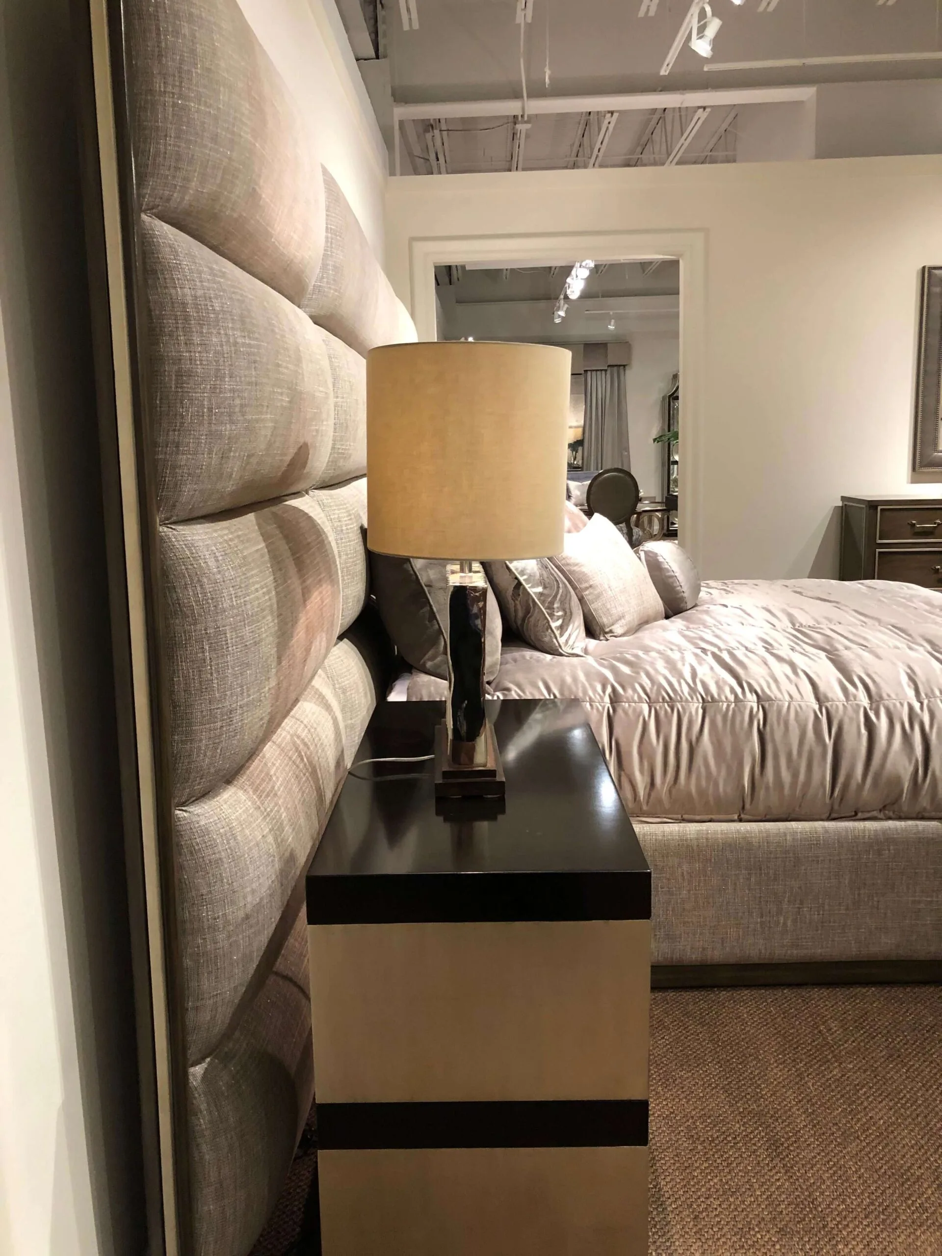 taupe king size custom panel bed product image from the side to show the depth detail of about 3"