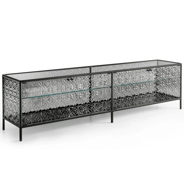 Fiam Italia's Echo buffet volcan charcoal gray trim and smokey glass dining buffet product shot